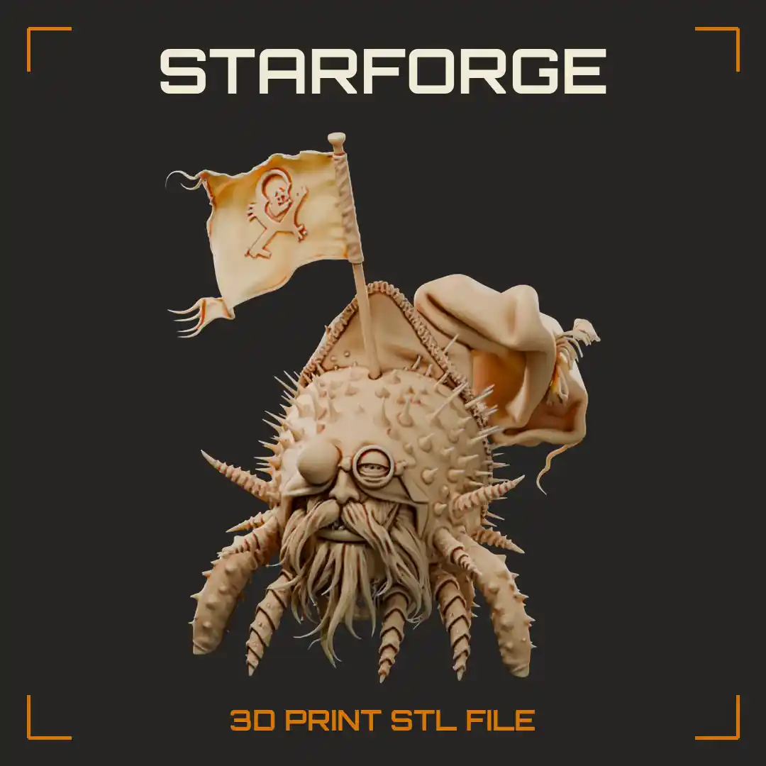 Spiny Sea Urchin Monster with Bearded Face Tentacle Legs Jolly Roger Flag and Sack