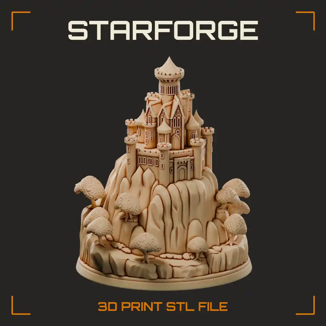 Spired Castle Atop Craggy Mountain Ringed with Giant Mushrooms on Round Base