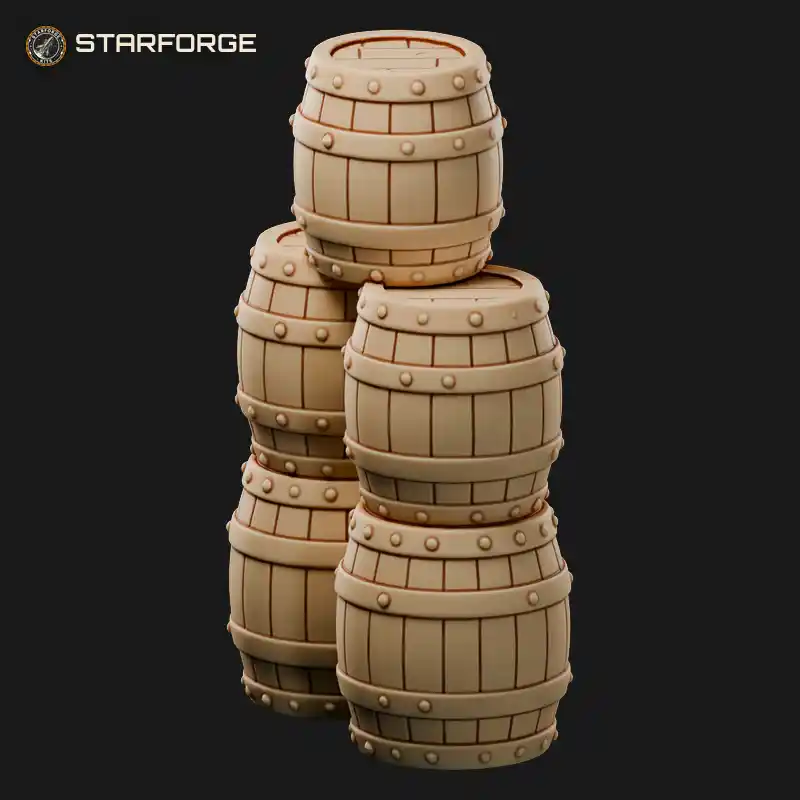 Stacked Wooden Barrels Pyramid with Iron Hoops Plank Staves and Bung Holes