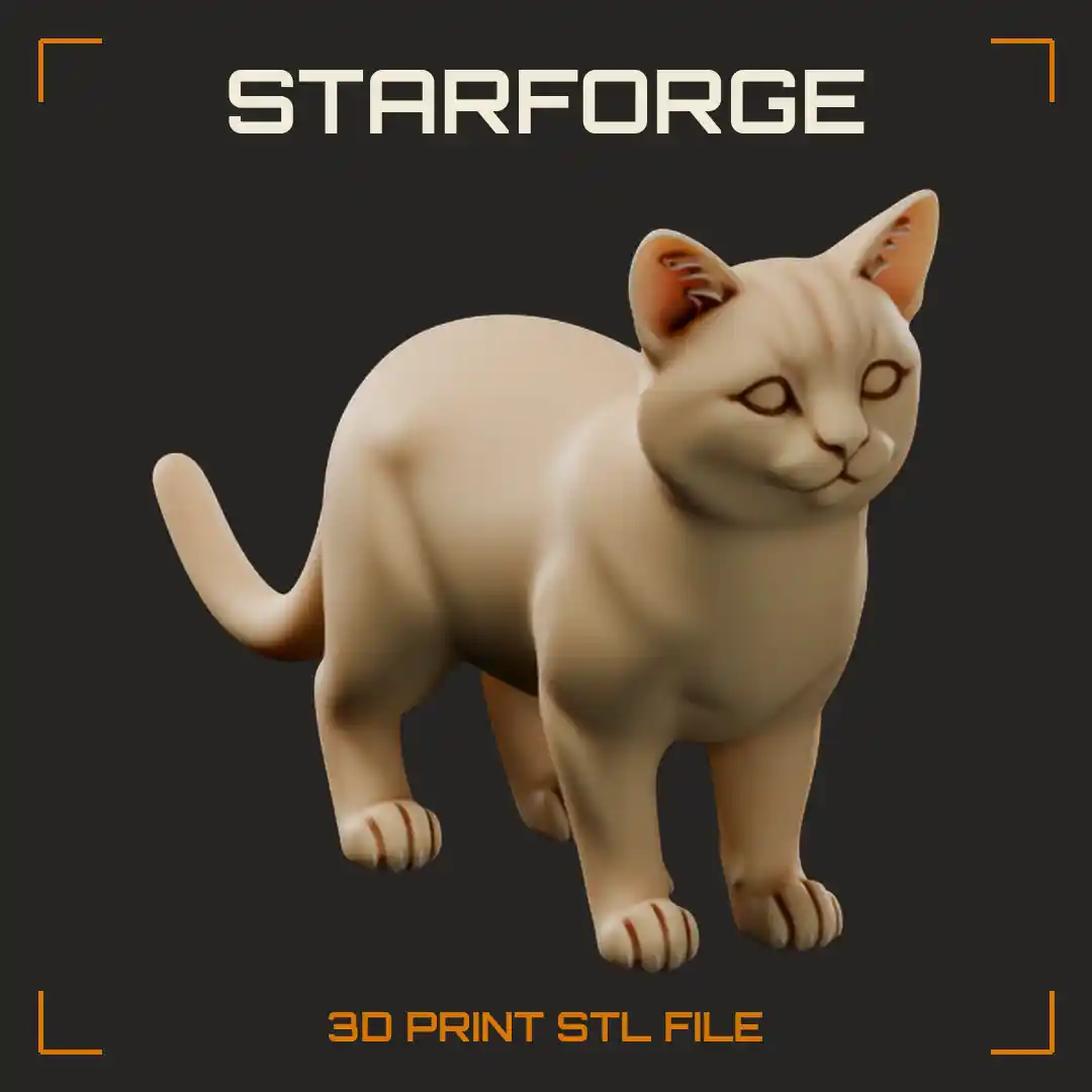Standing Tabby House Cat with Striped Forehead Pointed Ears and Curved Tail - 3D Printable STL File