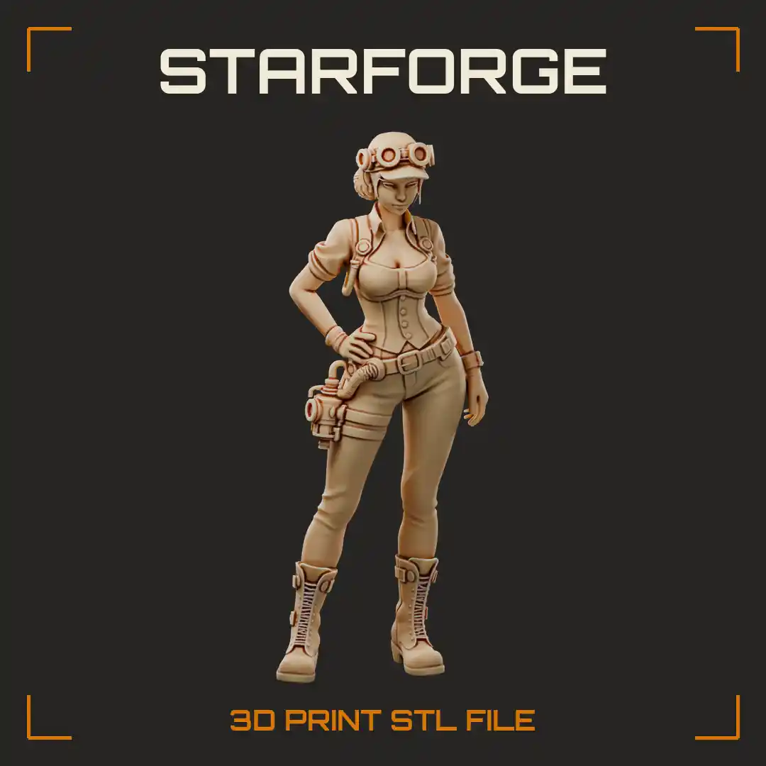 Steampunk Factory Foreman Woman with Goggles Cap Corset Tool Belt and Lace-Up Boots - 3D Printable STL File