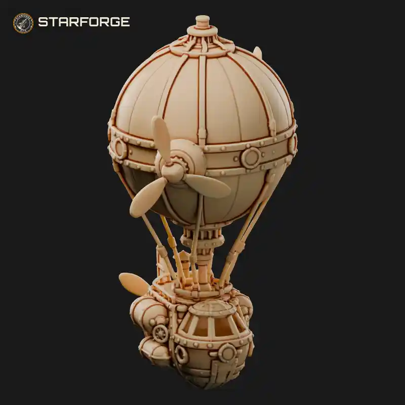 Steampunk Hot Air Balloon With Brass Gondola Side Propellers And Net Rigging