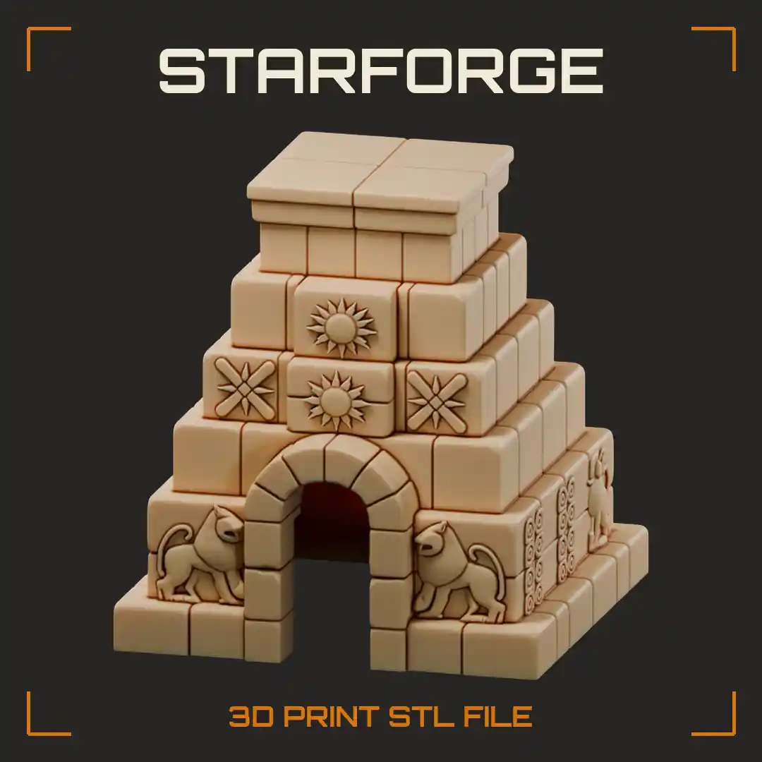 Stepped Stone Temple Pyramid Hide with Arched Doorway Sun Glyphs and Carved Monkey Reliefs