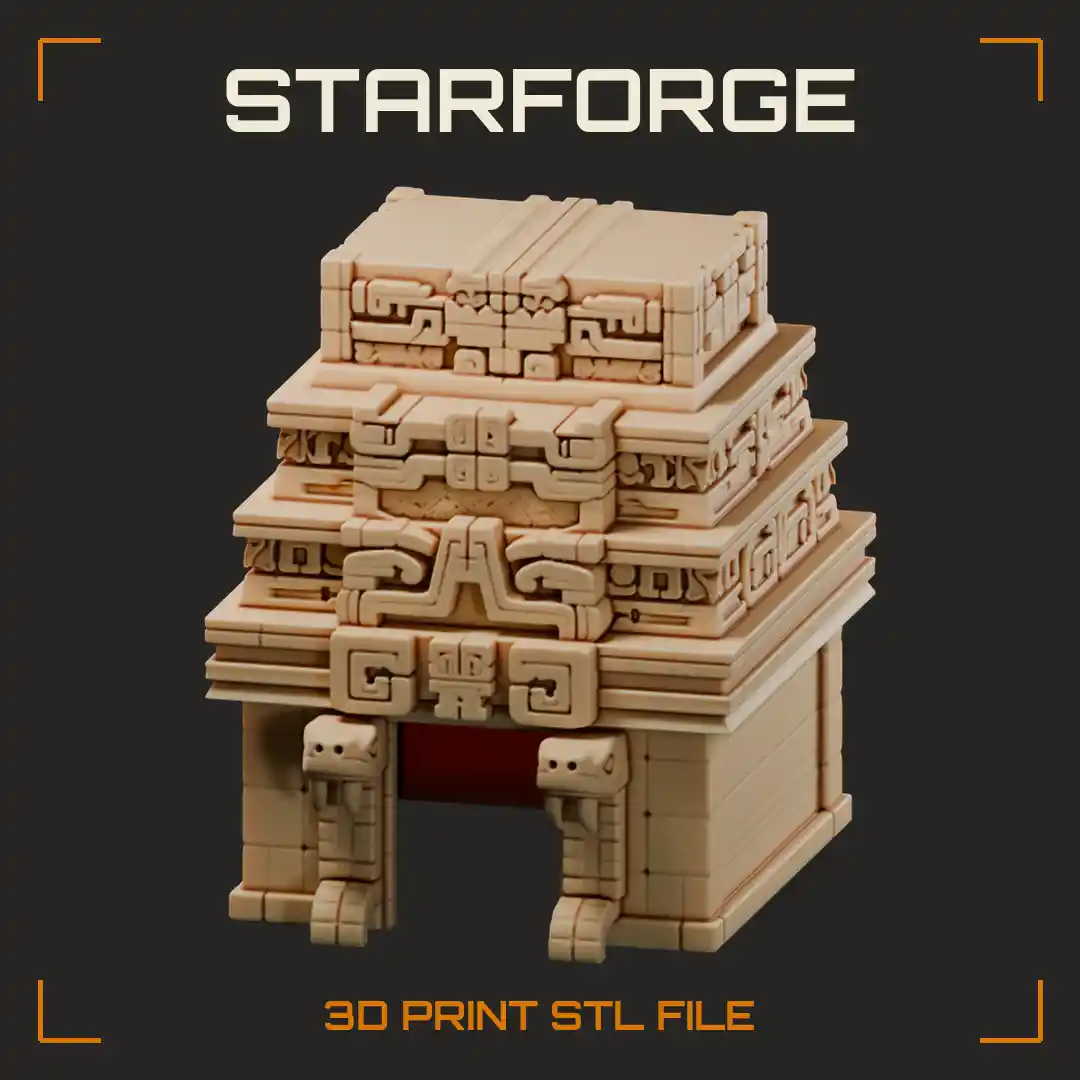 Stepped Temple Pet Hide with Serpent Head Pillars and Carved Glyph Tiers