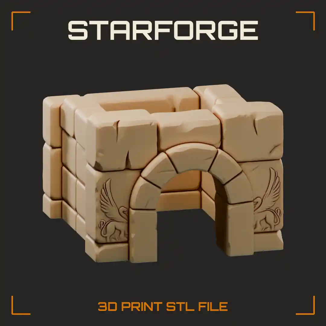 Stone Block Ruin Pet Hide with Arched Doorway and Carved Winged Griffin Reliefs