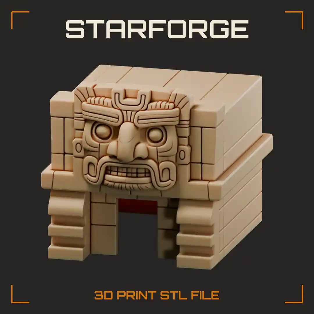 Stone Block Temple Hide with Carved Tiki Mask Face and Stepped Entrance