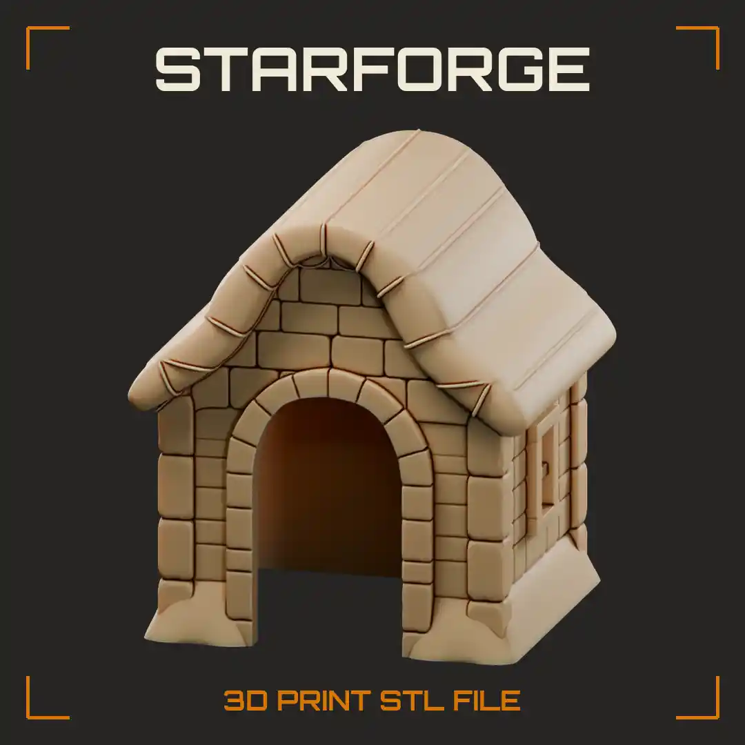 Stone Brick Pet Hide Cottage with Arched Doorway Curved Plank Roof and Shuttered Windows