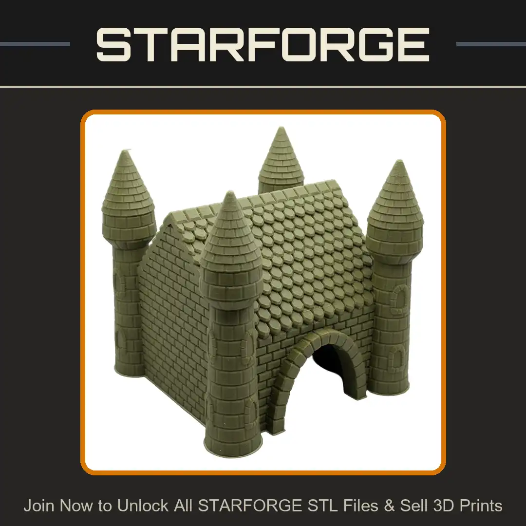 Stone Castle Keep Four Corner Towers Conical Gabled Shingle Roof Arched Gatehouse - View 1 of 2