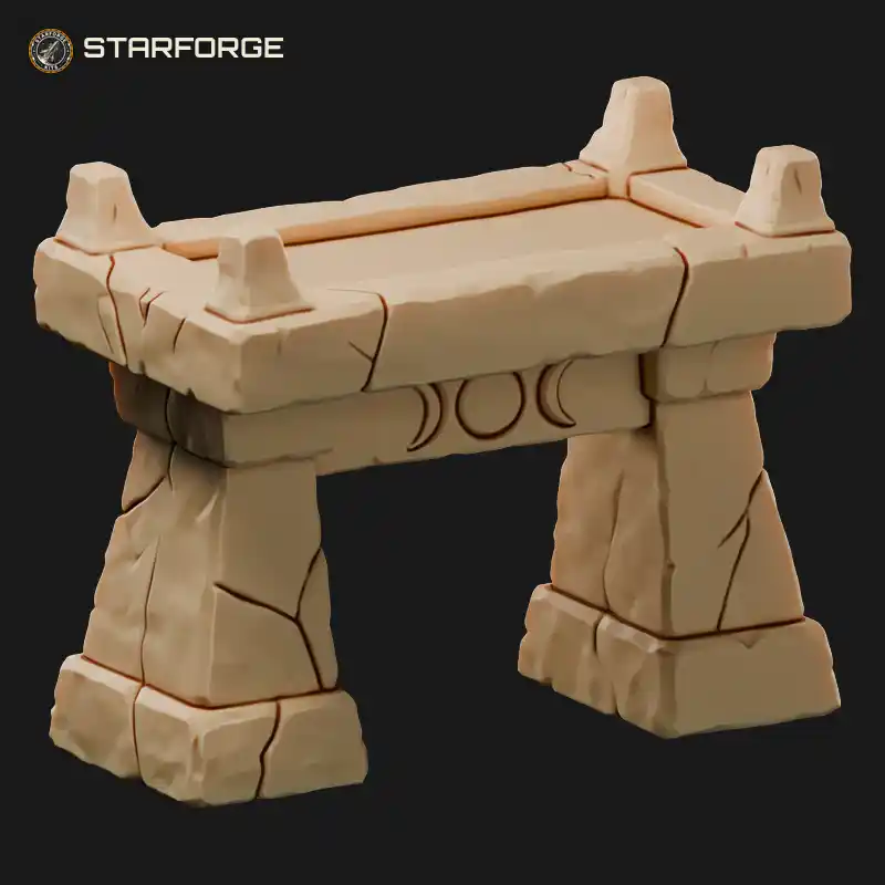 Stone Sacrificial Altar with Carved Runes Stepped Dais Candles and Ritual Bowl