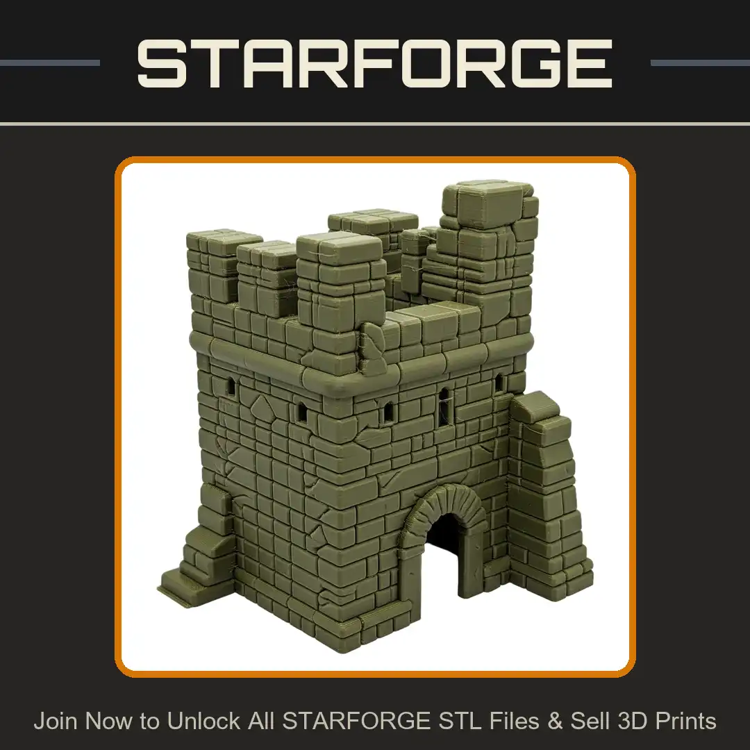 Stone Square Castle Tower Keep Arched Gateway Battlements Crenelations Slits Buttress - View 1 of 2