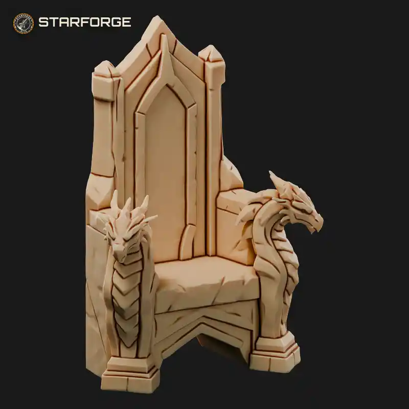Stone Throne with Carved Dragon Armrests High Pointed Back and Stepped Dais
