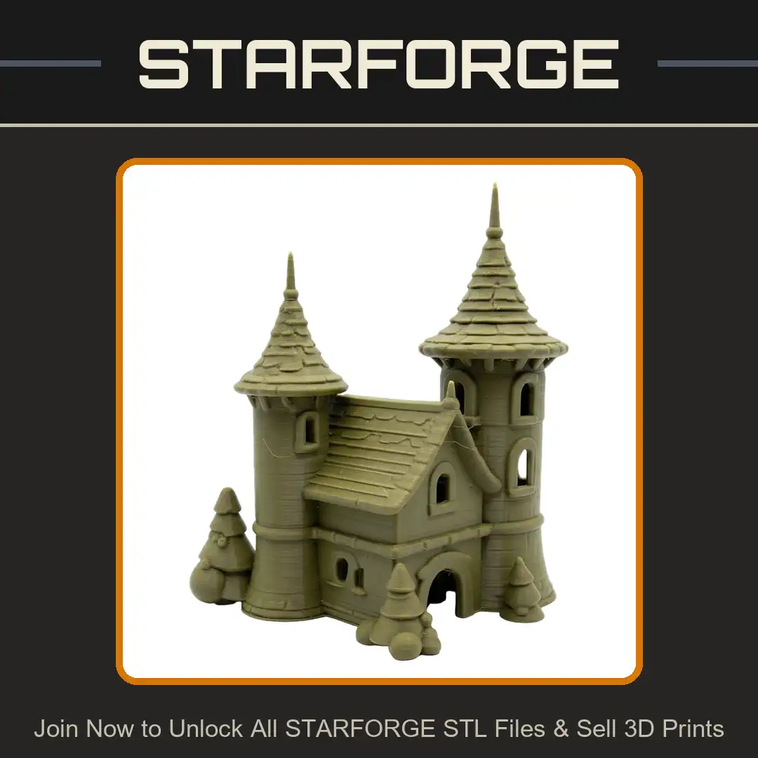 Storybook Fairytale Castle Twin Spire Tower Gabled Cottage Arched Windows Pine Trees - View 1 of 2