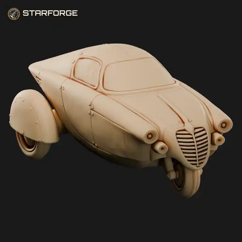 Streamliner Car With Three Wheels Teardrop Body Tail Fin And Bubble Canopy