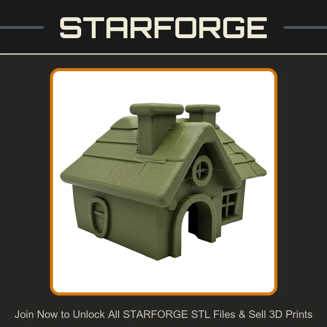 Stylized Cartoon Rounded Cottage House Gabled Shingle Roof Double Chimney Arched Door - View 1 of 2