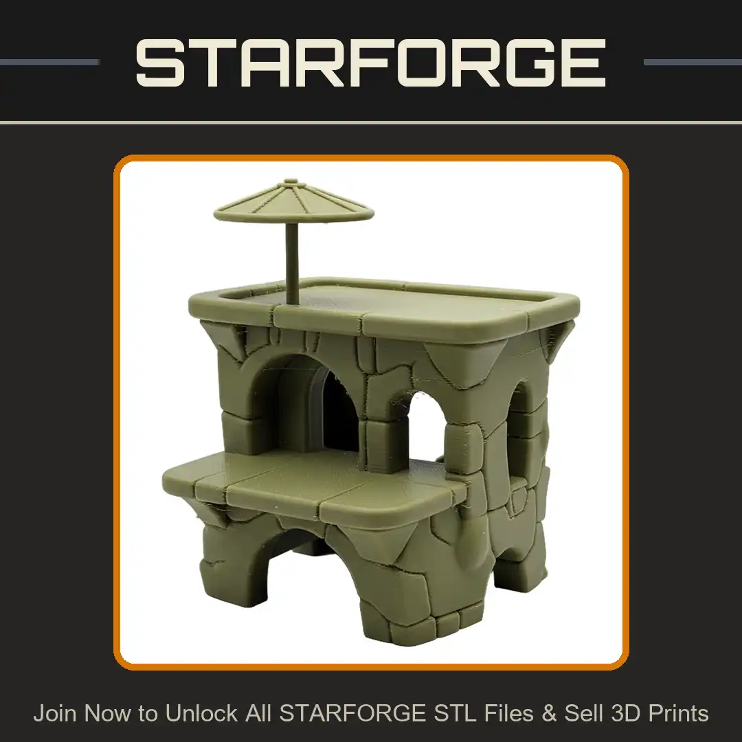 Stylized Chunky Stone Market Stall Building Umbrella Sunshade Tiered Pointed Arches - View 1 of 2