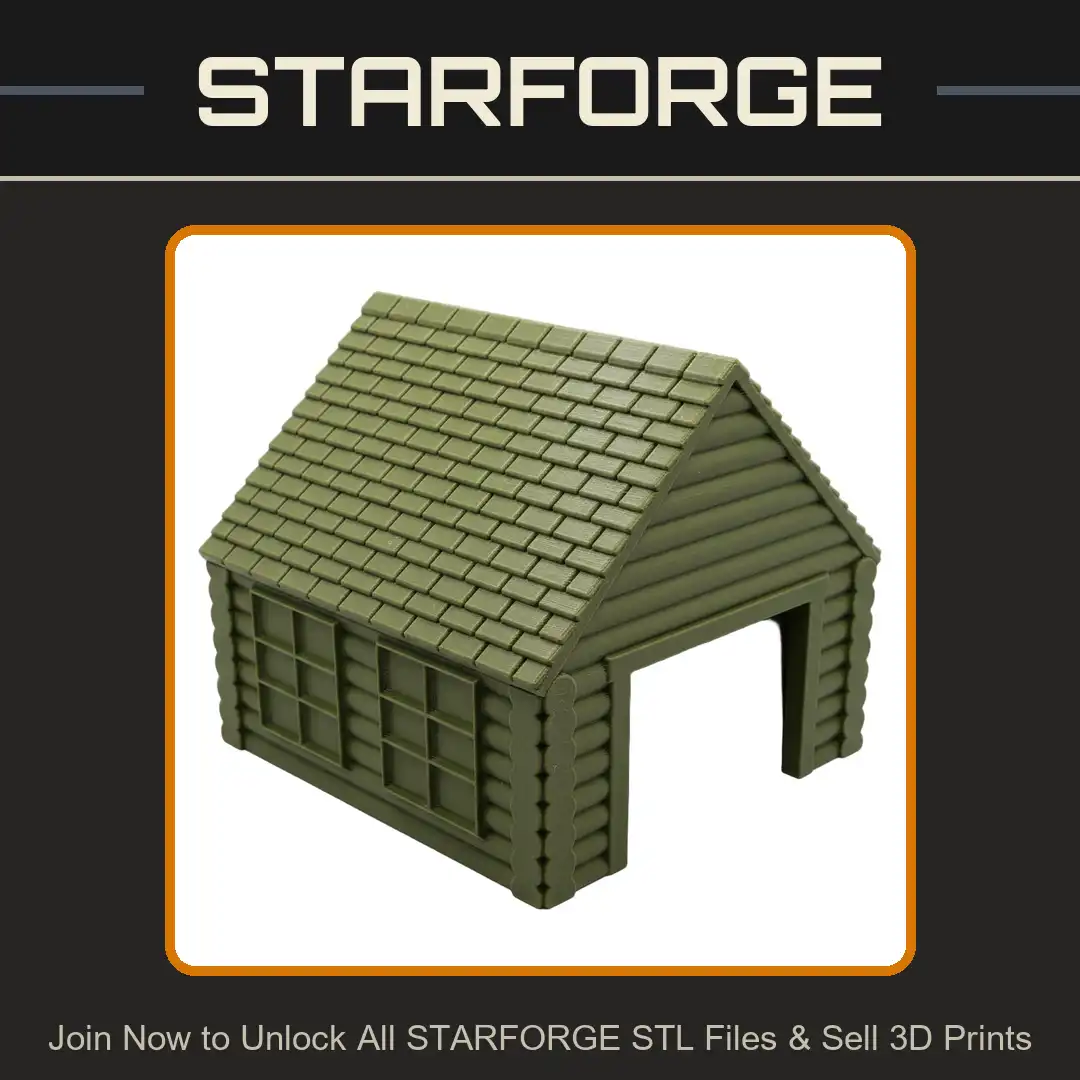 Stylized Log Cabin Gabled Shingle Roof Windows Open Doorway Rustic Timber Lodge Hut - View 1 of 2