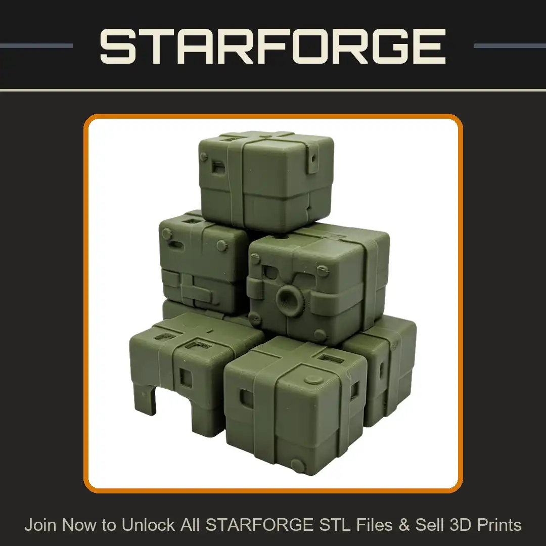 Stylized Modular Stacked Cargo Crates Reinforced Strapped Boxes Riveted Supply Containers - View 1 of 2