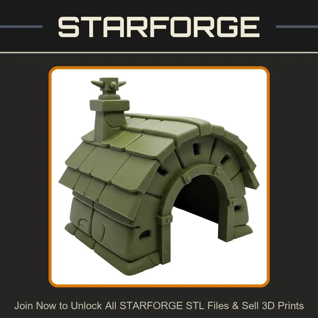 Stylized Stone Hut Chimney Archway Heavy Tiled Roof Weathered Masonry Horned Forge - View 1 of 2