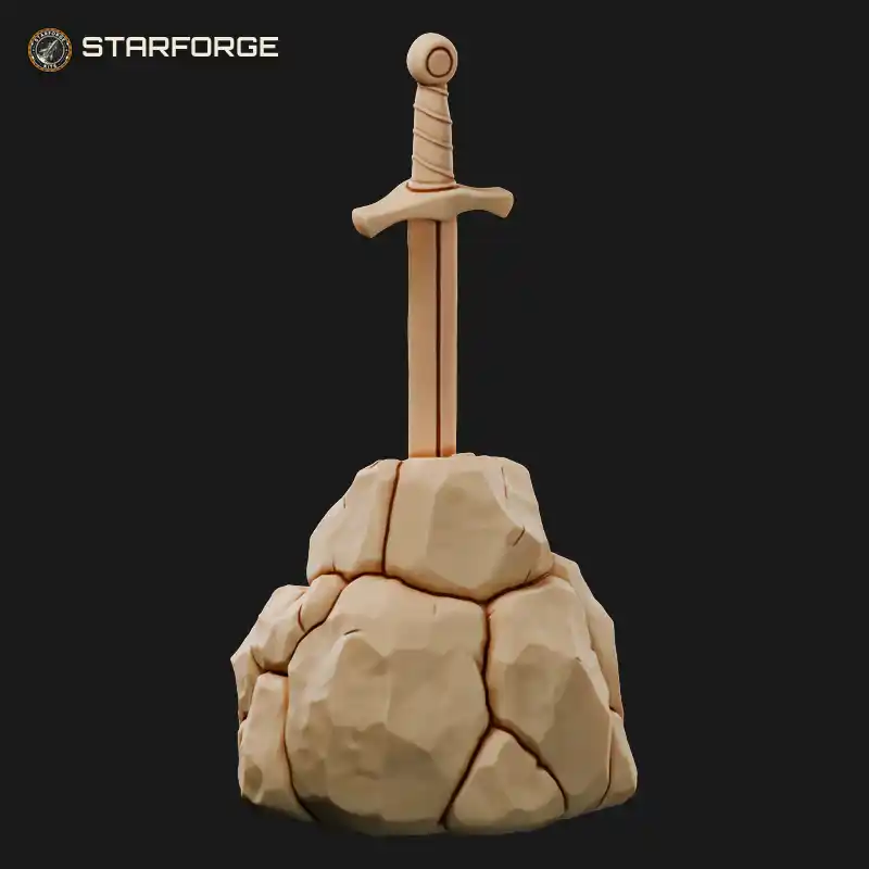 Sword in the Stone Embedded in Weathered Boulder with Cross Guard Hilt