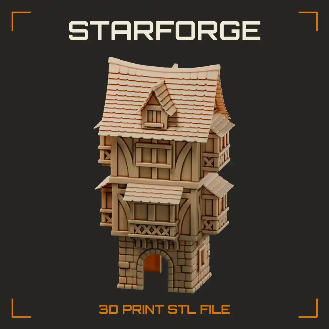Tall Half-Timbered Medieval Townhouse with Curved Tile Roof Dormers and Arched Stone Doorway