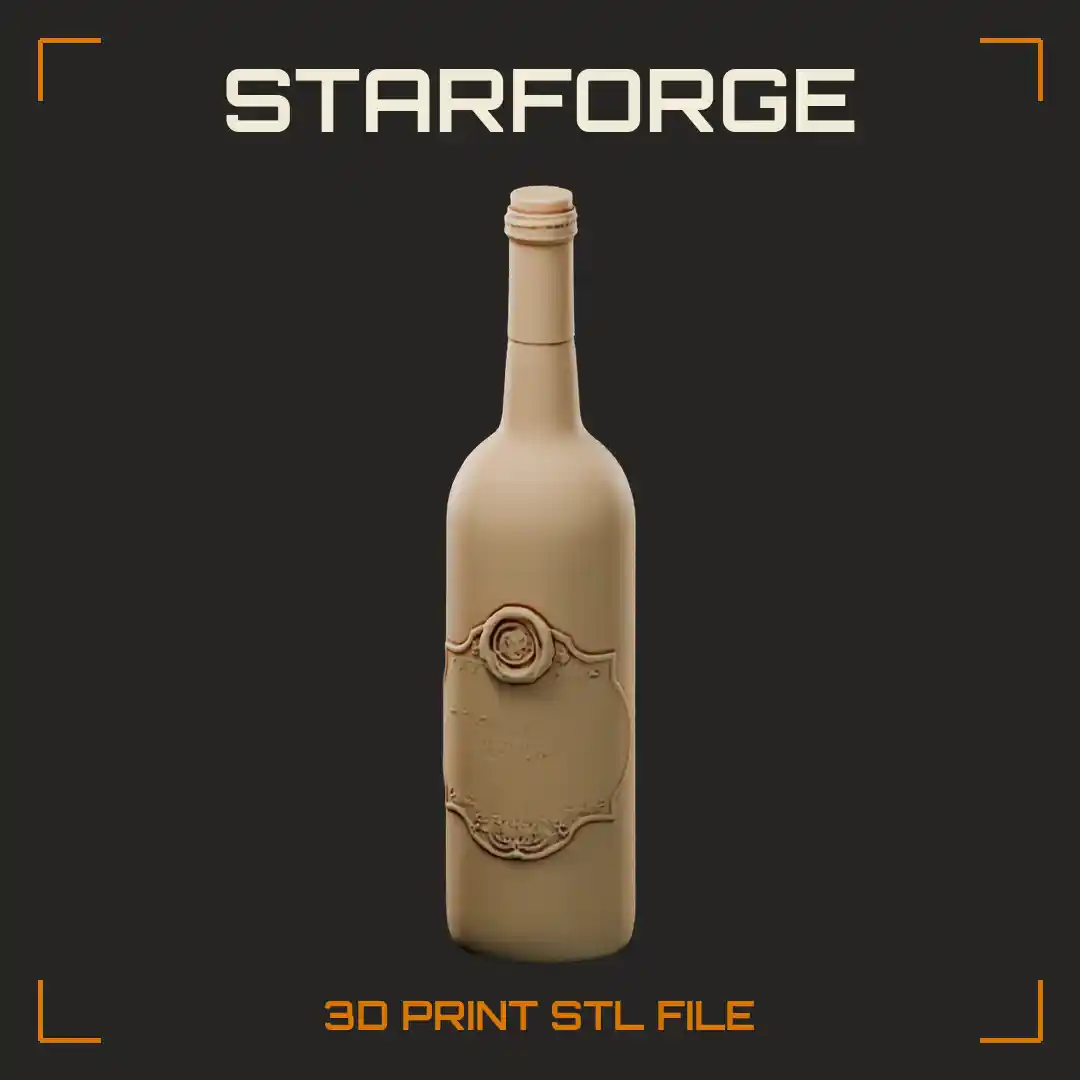 Tall Wine Bottle with Ornate Scrolled Label and Wax Seal Medallion - 3D Printable STL File