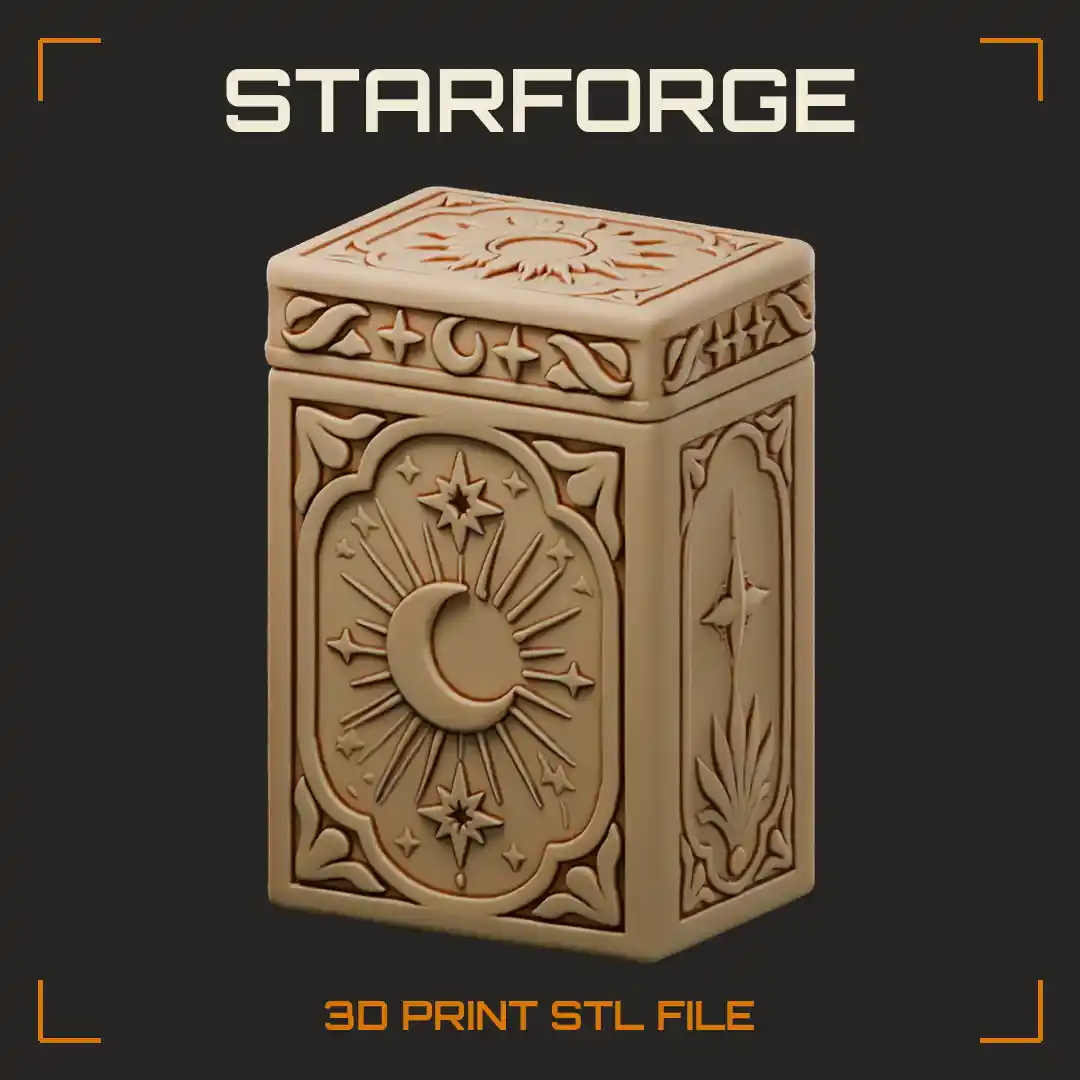 Tarot Card Box with Carved Moon Sun Lid Hinge Clasp and Footed Corners