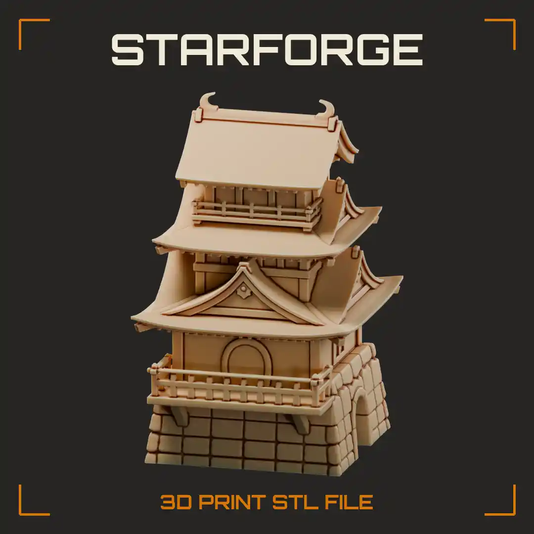 Three-Tier Japanese Castle Keep with Curved Gabled Roofs Wooden Balcony and Arched Stone Gateways - 3D Printable STL File