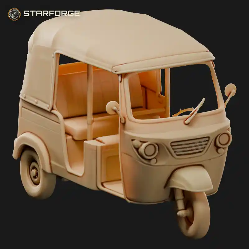 Three Wheel Tuk Tuk Auto Rickshaw with Canvas Roof Open Sides and Bench Seat