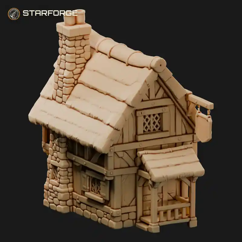 Timber Framed Medieval Tavern with Twin Pot Stone Chimney Covered Porch and Hanging Shield Sign