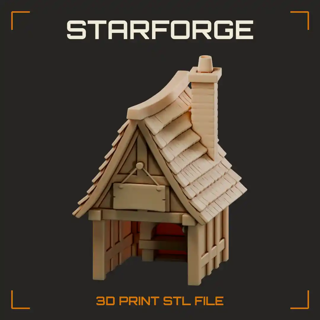 Timber-Framed Shingle Roof Cottage Shop with Brick Chimney and Hanging Sign