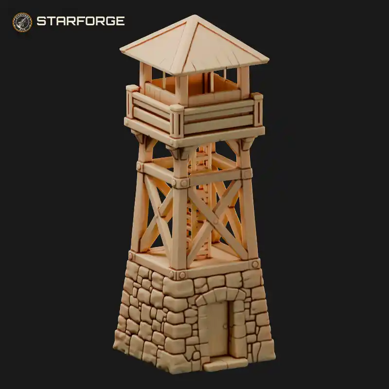 Timber Watch Tower on Stone Base with Railed Lookout and Peaked Roof