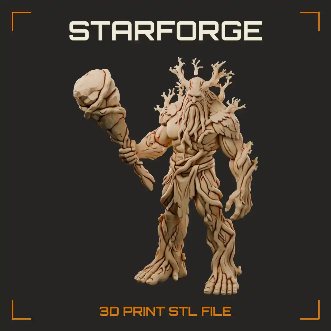 Towering Bark-Skinned Treant with Antler Branches Long Root Beard and Stone-Headed Vine-Wrapped Club - 3D Printable STL File