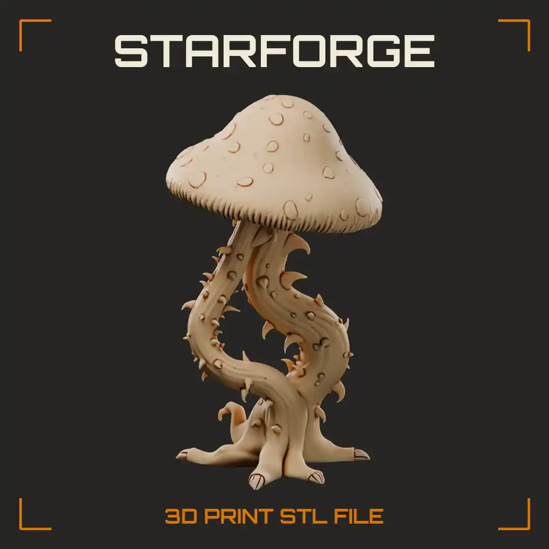 Towering Mushroom Monster with Spotted Cap Twisted Thorny Stalks and Clawed Root Feet
