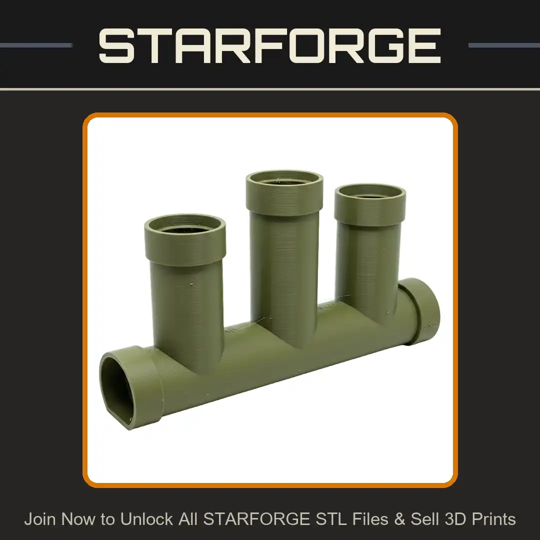 Triple Vertical Branch Manifold Pipe Fitting Flat Bottom D Shape Socket Plumbing - 3D Printable STL File