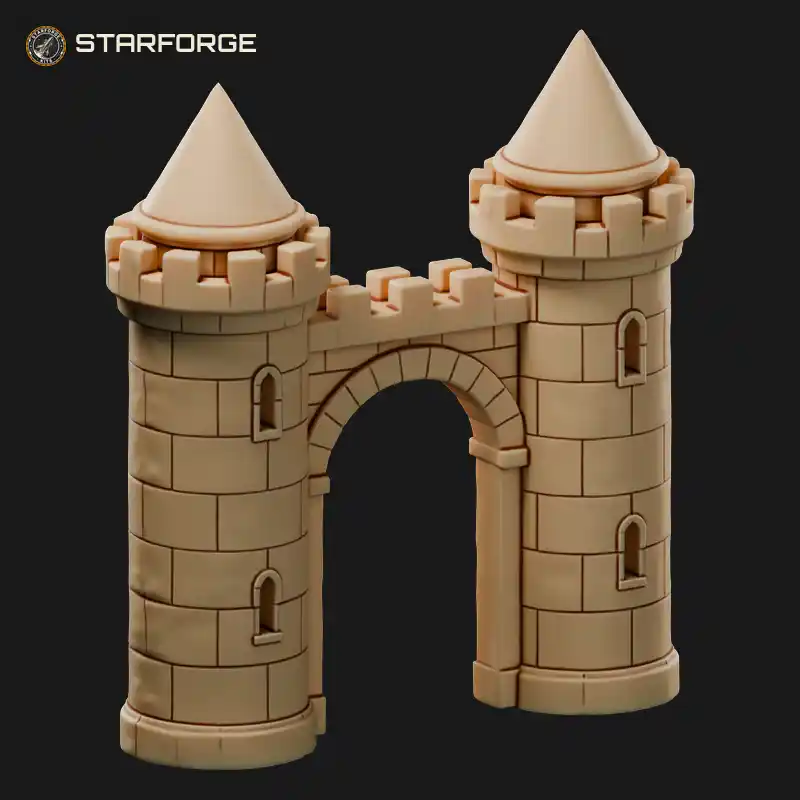 Twin Round Gate Towers Flanking Stone Arch with Wooden Gate Doors