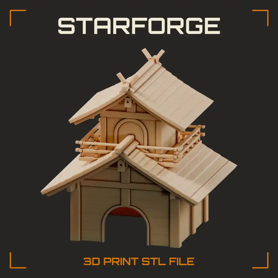 Two-Story Timber Pet House with Arched Doorway Balcony Railing and Crossed Gable Finials