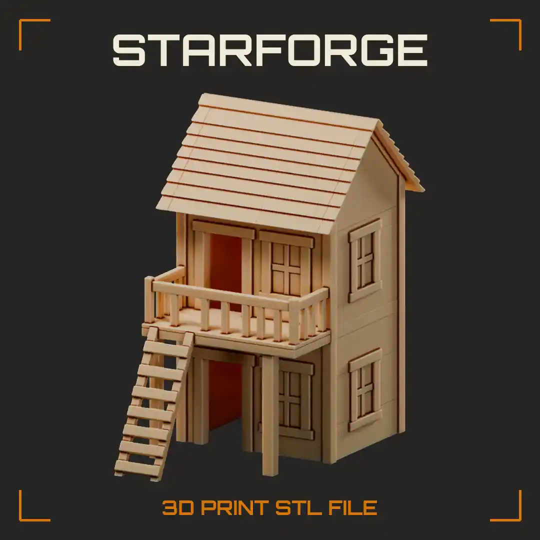 Two-Story Wooden Stilt Cabin with Plank Roof Balcony Railing and Ladder