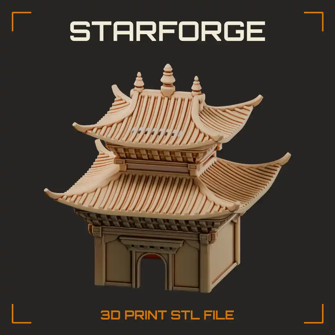 Two-Tier Tibetan Pagoda Hide with Upswept Tiled Eaves and Arched Doorway - 3D Printable STL File