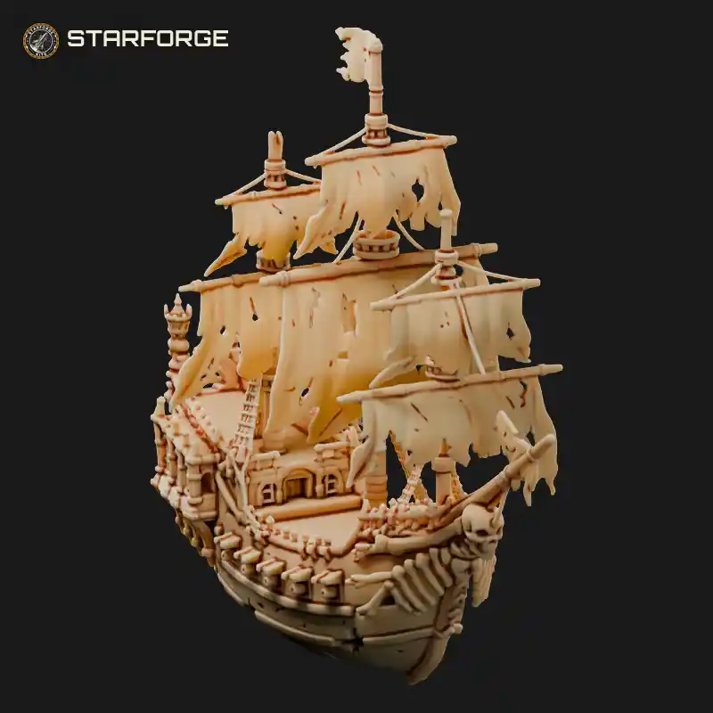 Undead Pirate Ship with Torn Sails Rotting Hull Broken Masts and Ghostly Lanterns