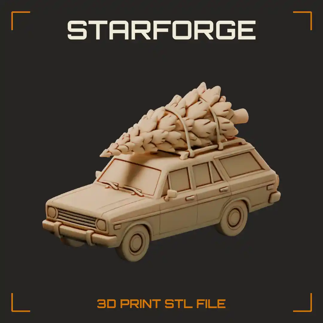 Vintage Station Wagon with Christmas Tree Tied on Roof Rack and Wreath Grille