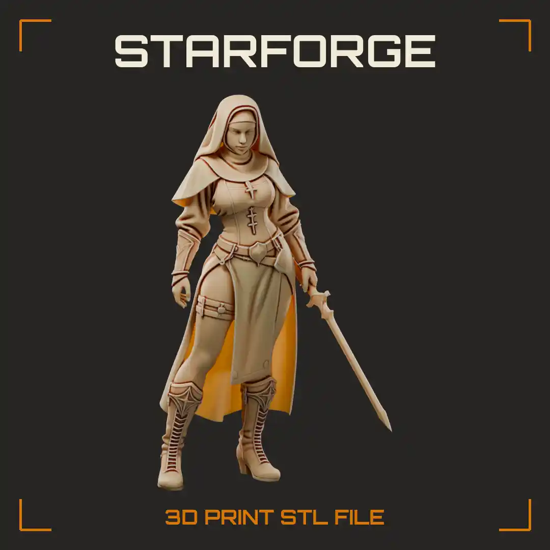 Warrior Nun in Flowing Veil and Laced Corset Holding Longsword with Tall Boots