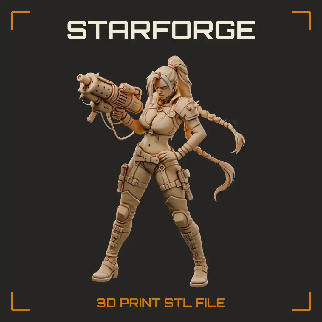 Wasteland Survivor Woman with Gas Mask Long Braided Ponytails and Heavy Shoulder Cannon