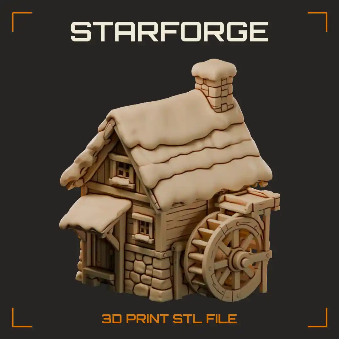 Water Wheel Mill House with Snowy Roof Wooden Paddles and Stone Base