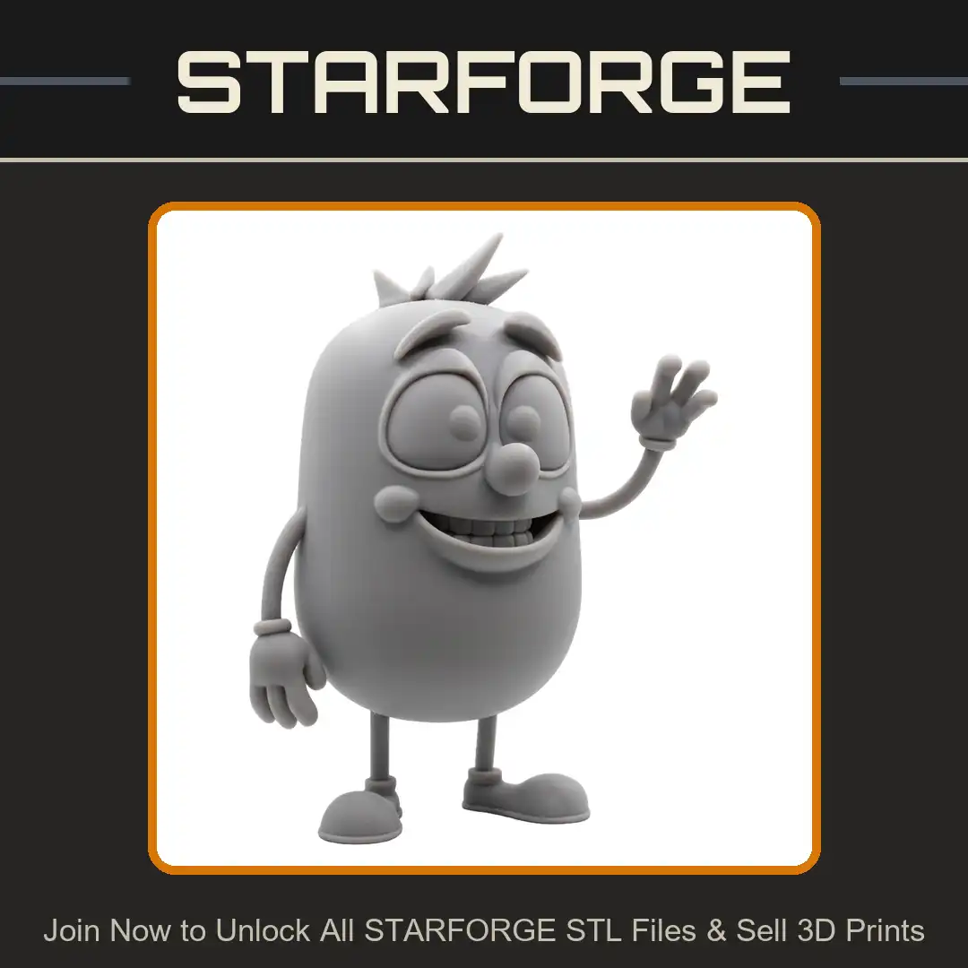 Waving Cartoon Bean Potato Mascot Spiky Mohawk Smile Teeth Eyes Noodle Arms Gloves Boots - 3D Printable STL File