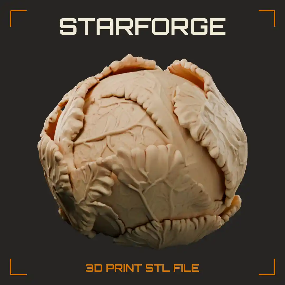 Whole Round Cabbage Head with Veined Overlapping Leaves and Ruffled Frilled Edges - 3D Printable STL File