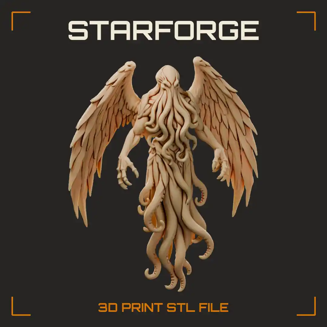 Winged Eldritch Horror with Tentacle Face and Cascading Tentacle Body Spread Feathered Wings - 3D Printable STL File