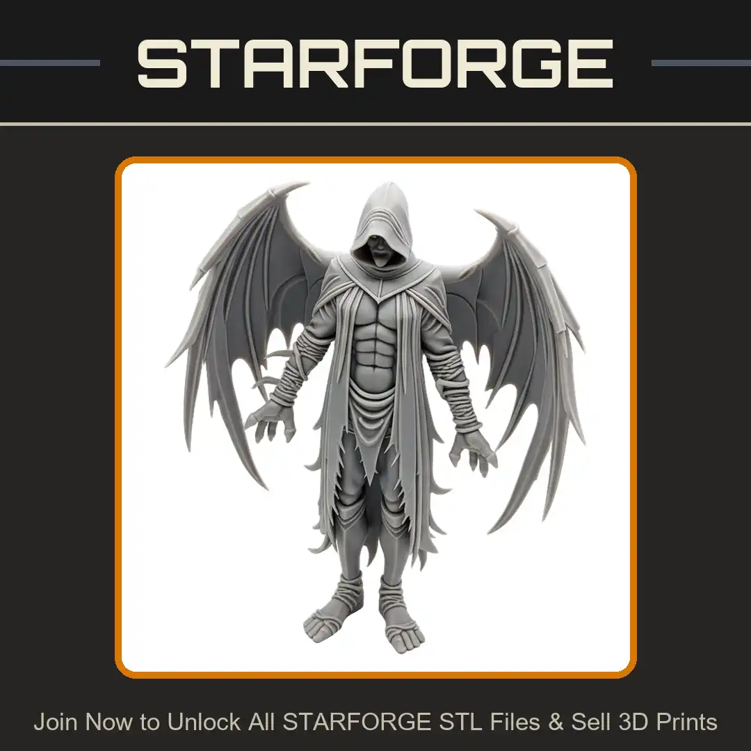 Winged Hooded Fallen Angel Demon Wraith Bat Wings Tattered Robes Clawed Hands Muscular Torso - 3D Printable STL File