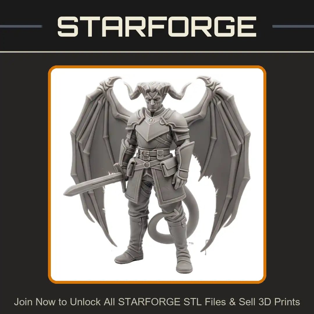 Winged Tiefling Demon Cambion Knight Plate Armor Short Sword Bat Wings Horns Spade Tail - 3D Printable STL File