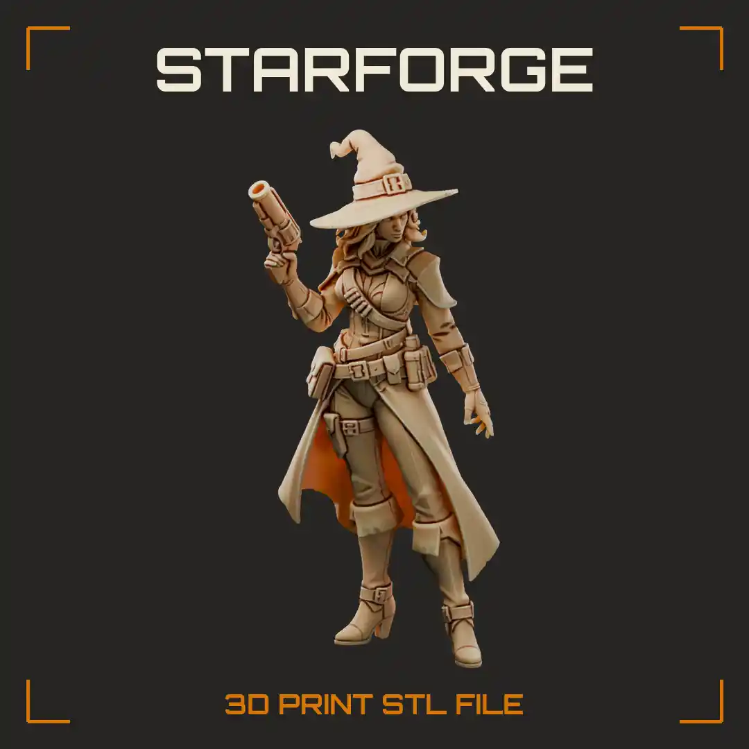 Witch Gunslinger with Wide-Brim Hat Long Flowing Coat Raised Revolver and Bandolier Belt Pouches - 3D Printable STL File