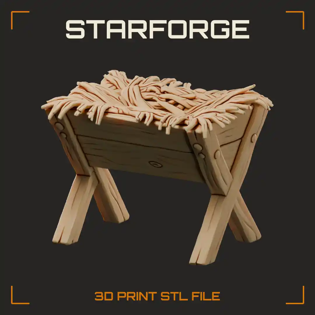 Wooden Christmas Manger With Crossed Leg Frame Straw Bedding And Plank Trough
